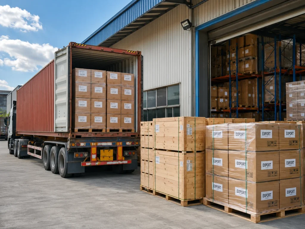 Forwarder Pickup and Loading Coordination in China Container truck and warehouse loading area for export shipment coordination