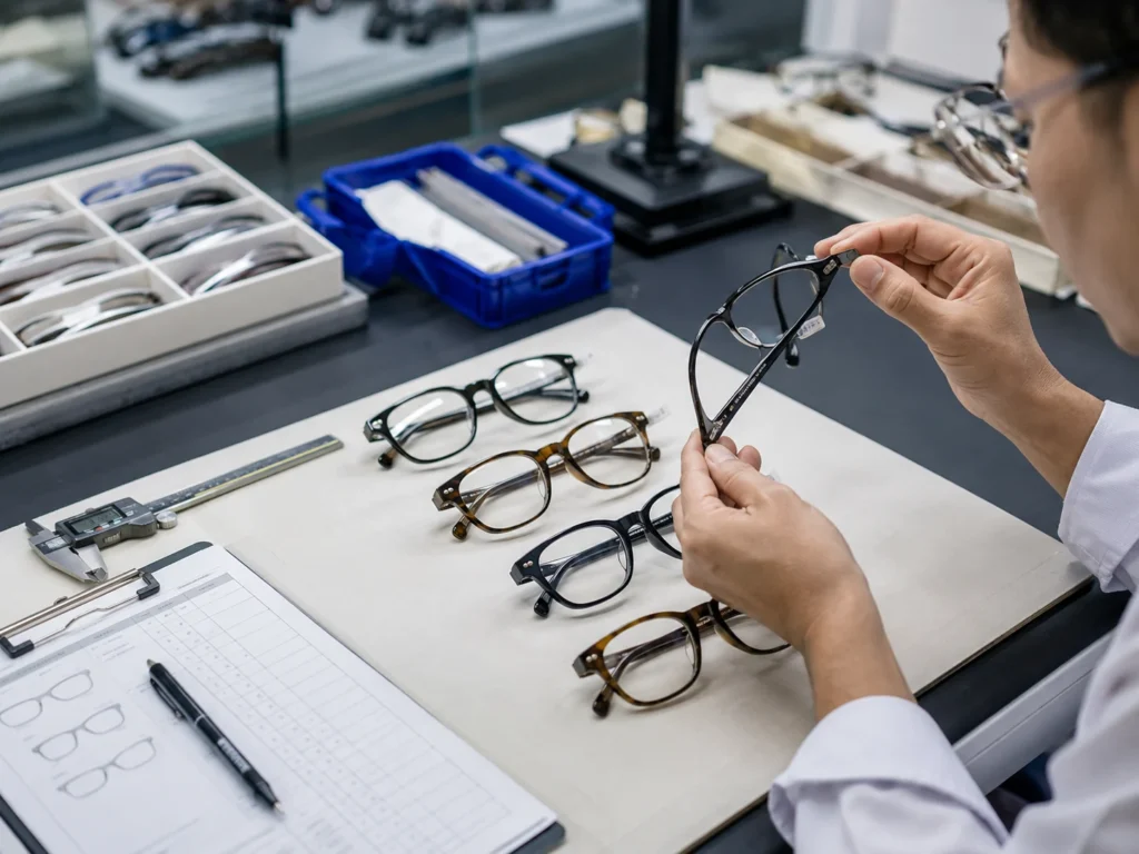 Eyewear Sample Version and Finish Review Eyewear frame details checked during sample comparison
@