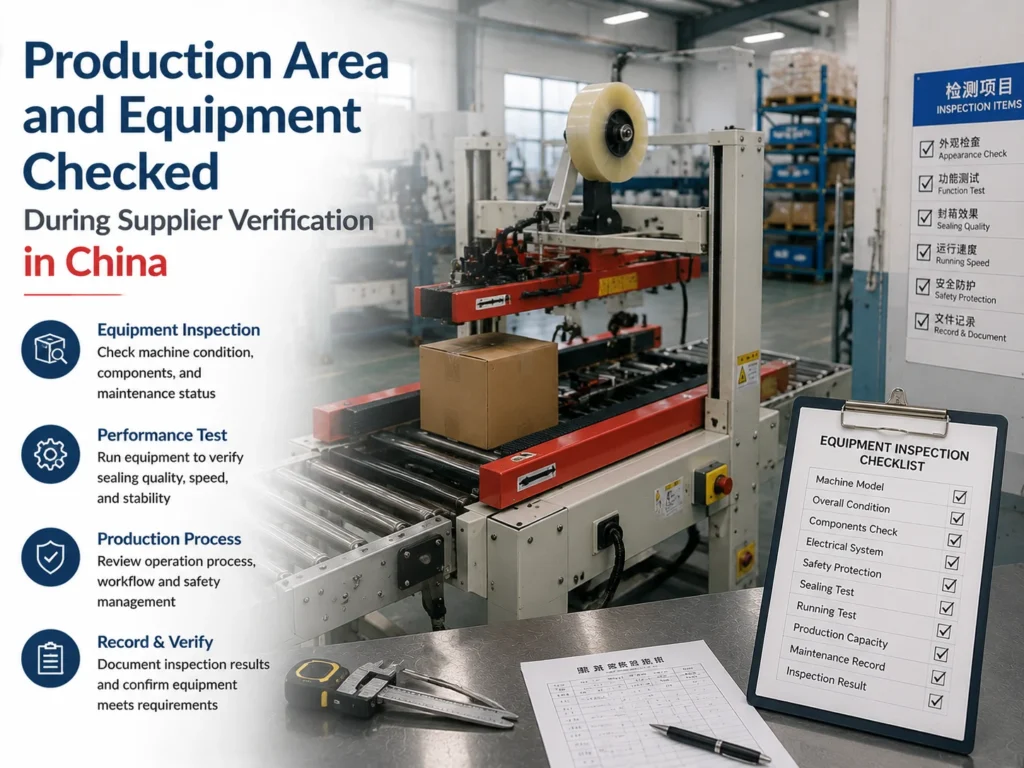 Factory and Supplier Role Check in China Production area and equipment checked during supplier verification in China