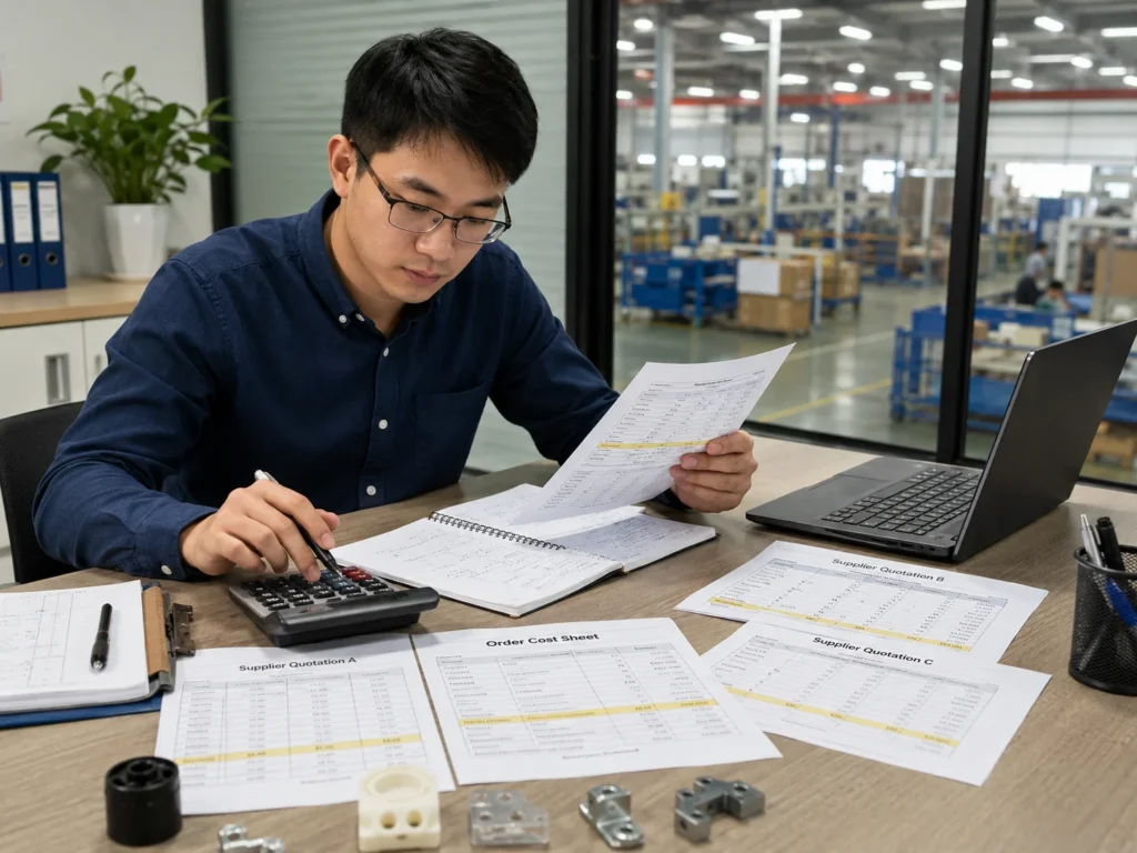 China Sourcing Agent Fees and Order Cost Review China sourcing coordinator reviewing agent fees against an order cost sheet and supplier quotations