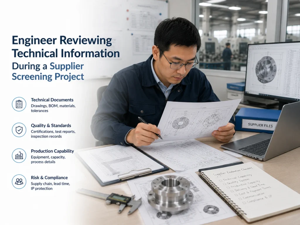 Technical Review During Supplier Screening Engineer reviewing technical information during a supplier screening project