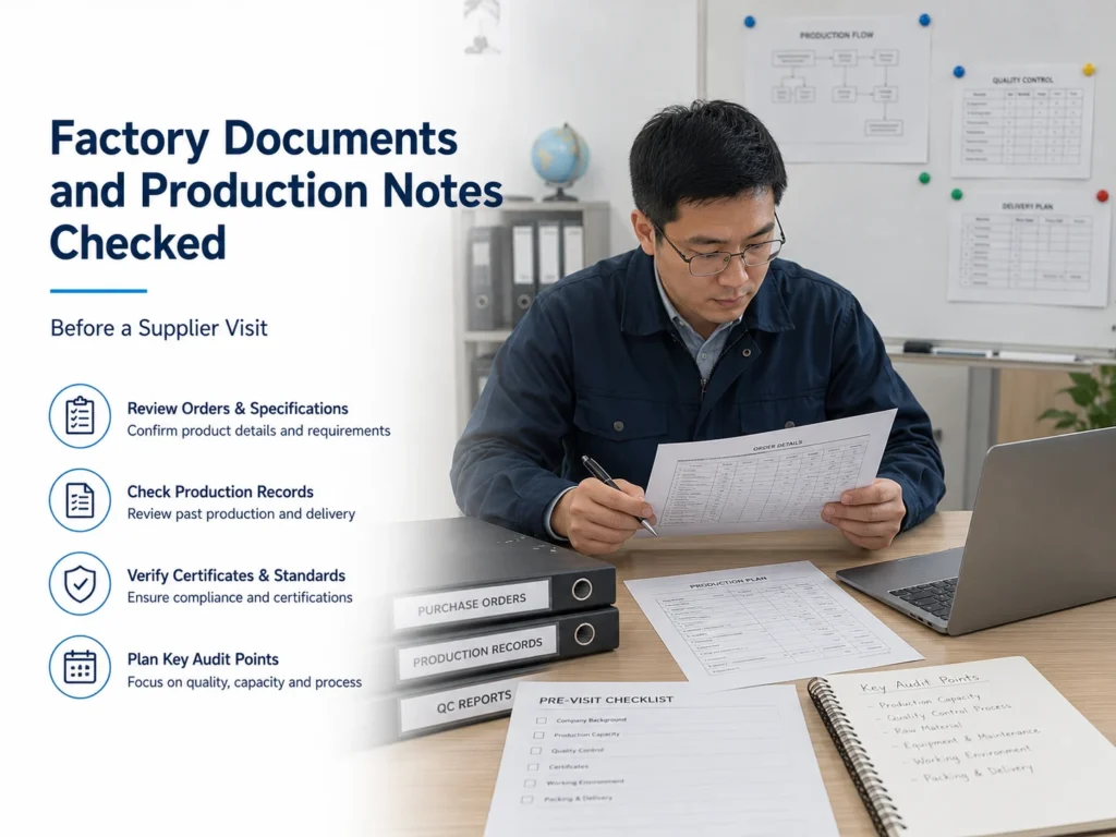 Factory Visit Notes and Production Questions Factory documents and production notes checked before a supplier visit