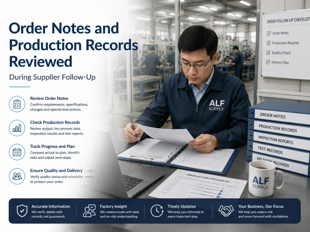Order Notes and Production Follow-up Records Order notes and production records reviewed during supplier follow-up