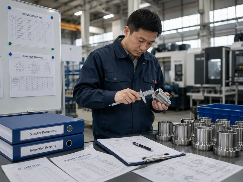 Production documents and equipment checks used during a China sourcing project