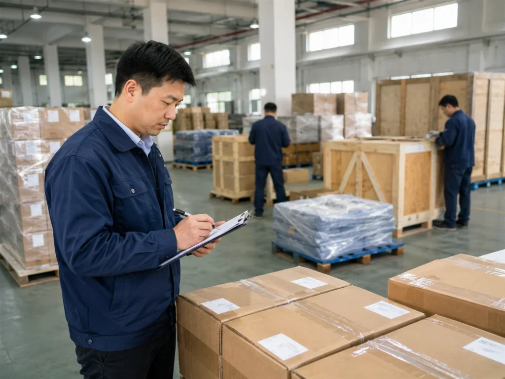 Warehouse and Export Packing Review During Factory Audit Warehouse and export packing area reviewed during a factory audit in China