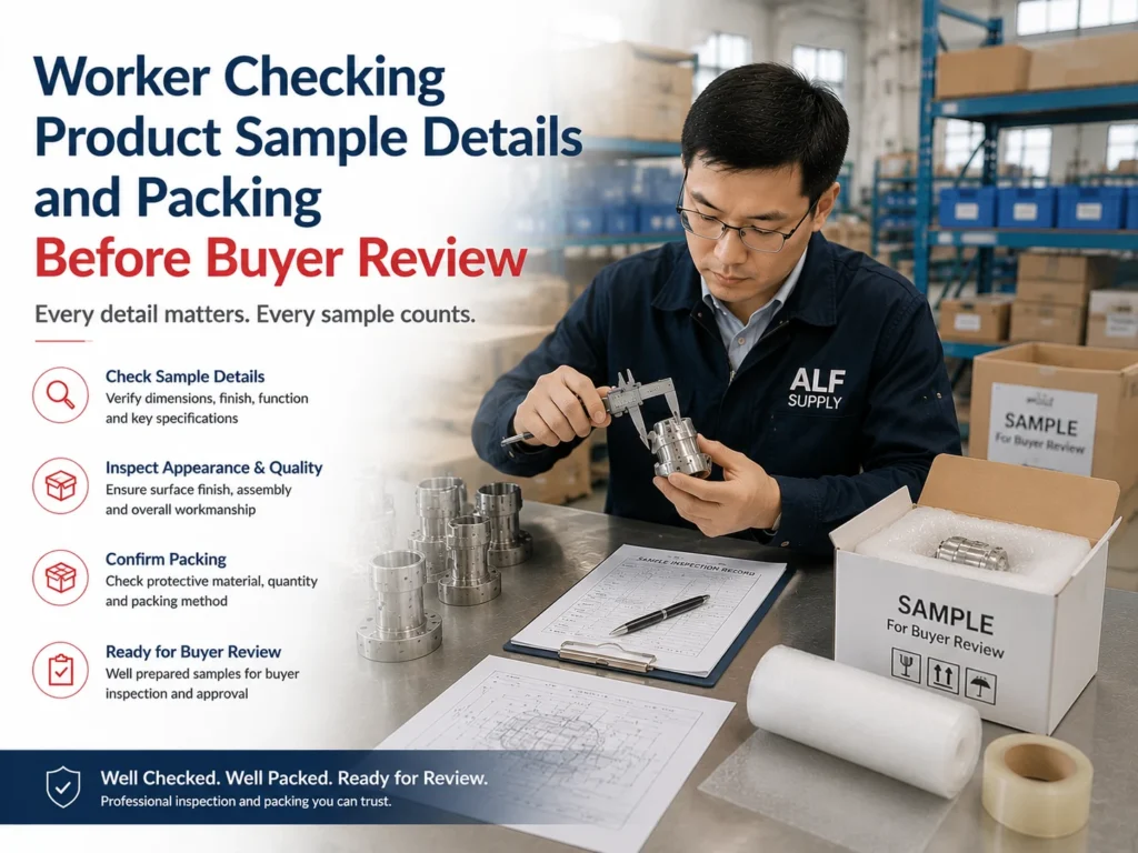 Worker checking product sample details and packing before buyer review